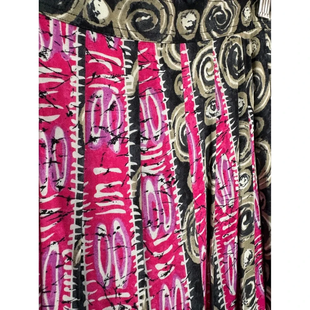 Vintage Segue Pink Abstract Swirl Pleated‎ Midi Skirt High Waisted Small Boho